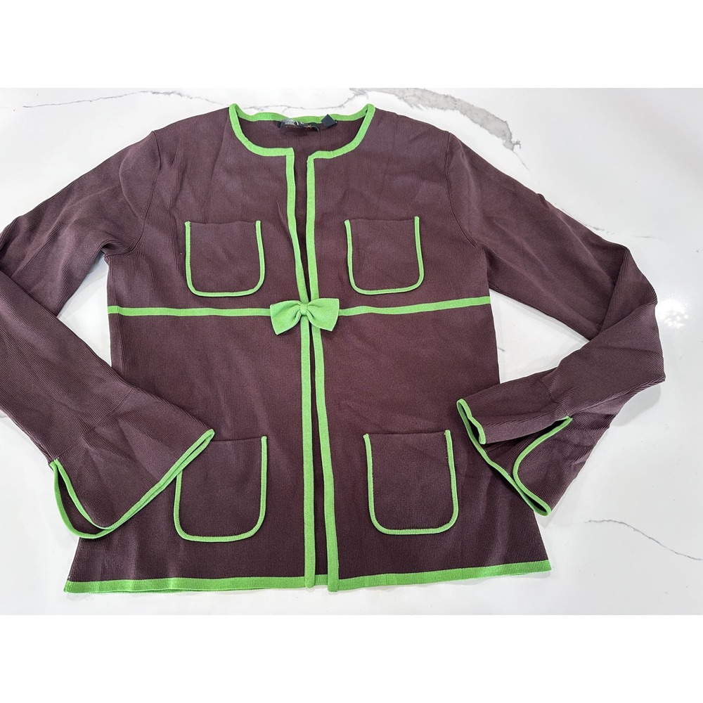 Brown Lime Green Bow‎ Front Knit Cardigan Bell Sleeve Large BCBG